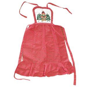 Vtg Country Kitchen Full Apron, Red W/ Green Trees, With Pocket ,